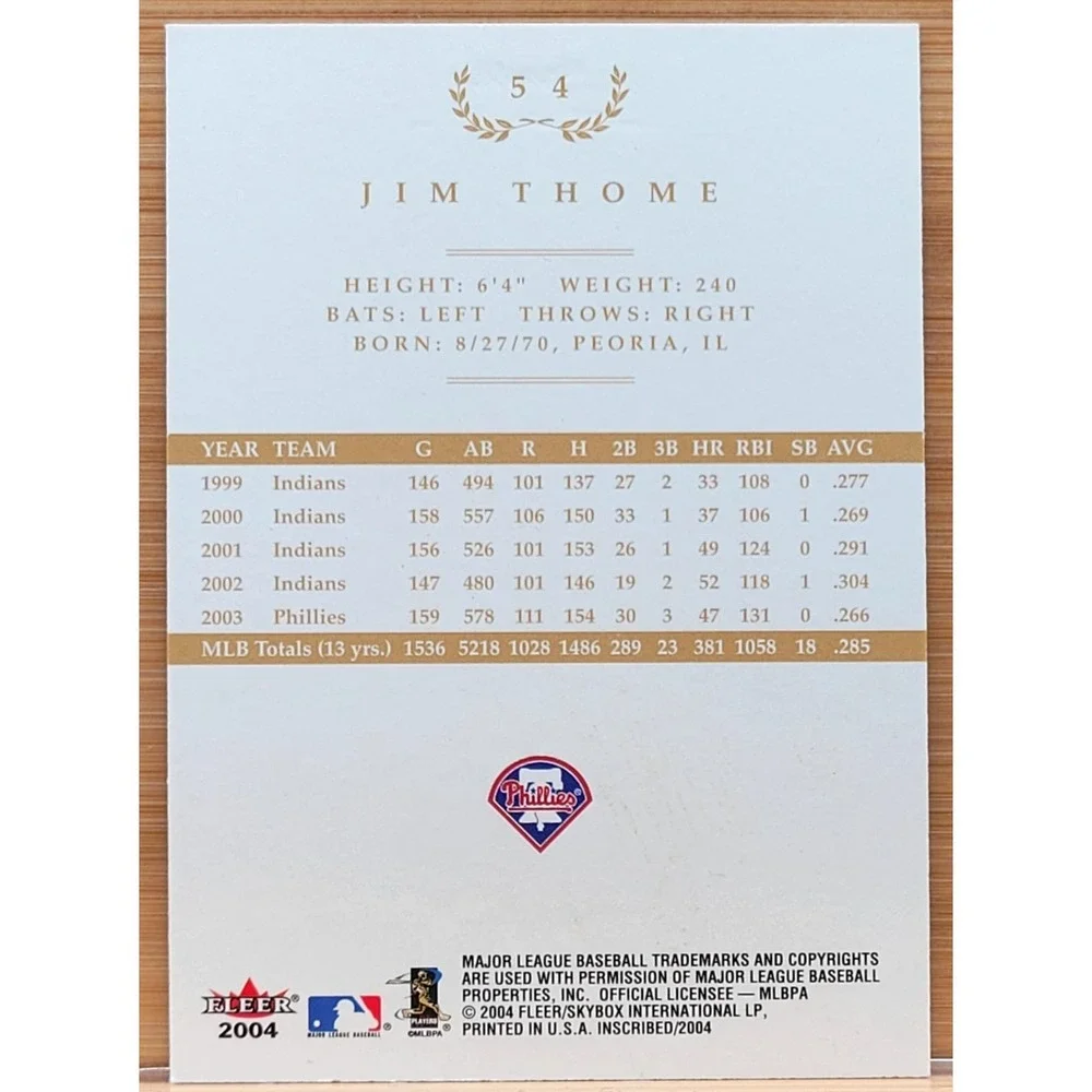 2004 Fleer Inscribed‎ Jim Thome Gold #D/199 MLB Phillies Indians White Sox